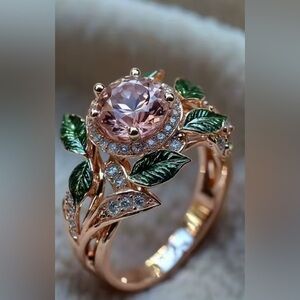Rose Gold Leaf Ring with Pink Stone Size 8